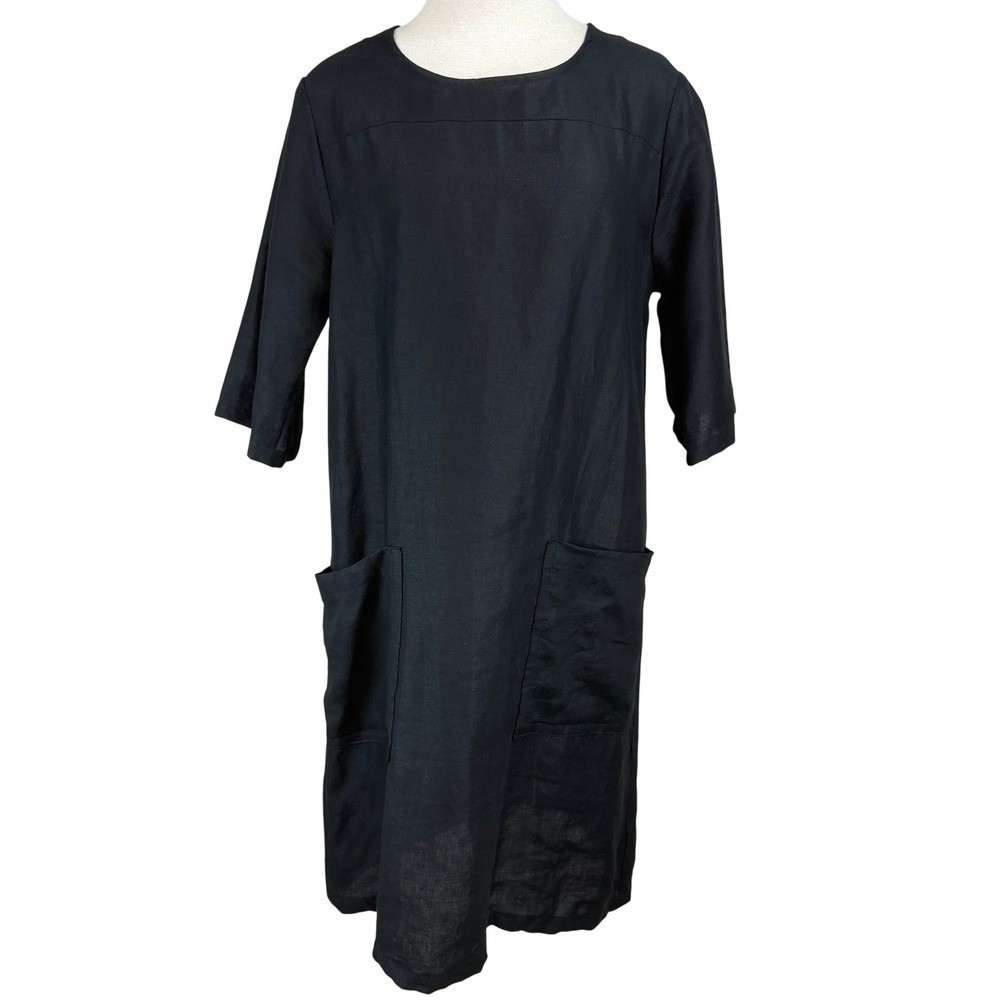 CONSCIOUS CLOTHING Flax Linen Dress|L|Black 3/4 Sleeve Pockets Midi Eco Goth USA